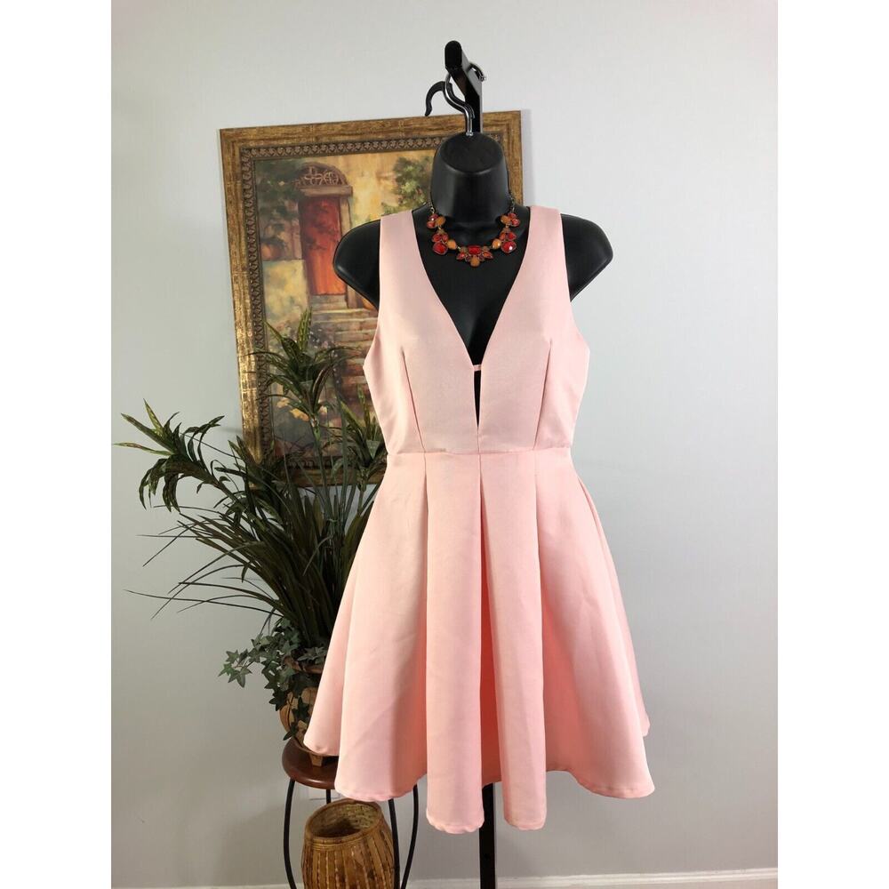 Hot & Delicious Skater Dress Womens S Pink Plunging V Neck Pleated Expo Back Zip